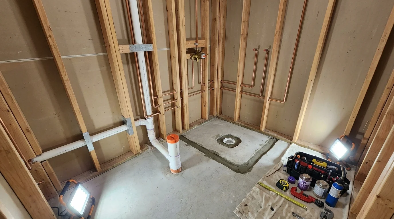 Bathroom rough-in plumbing during remodel by Johns Plumbing LLC in Painted Post