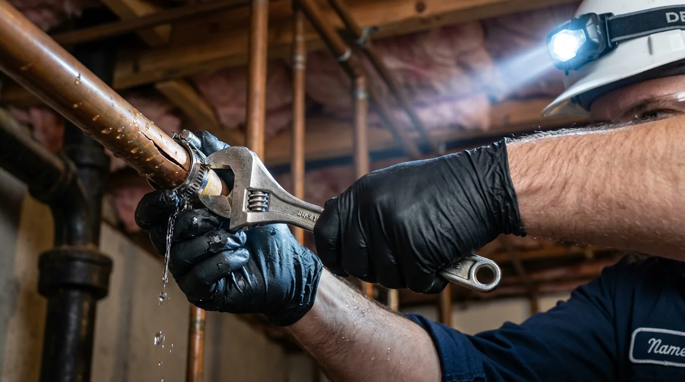 Emergency pipe clamp repair being performed by a Johns Plumbing LLC plumber in Painted Post