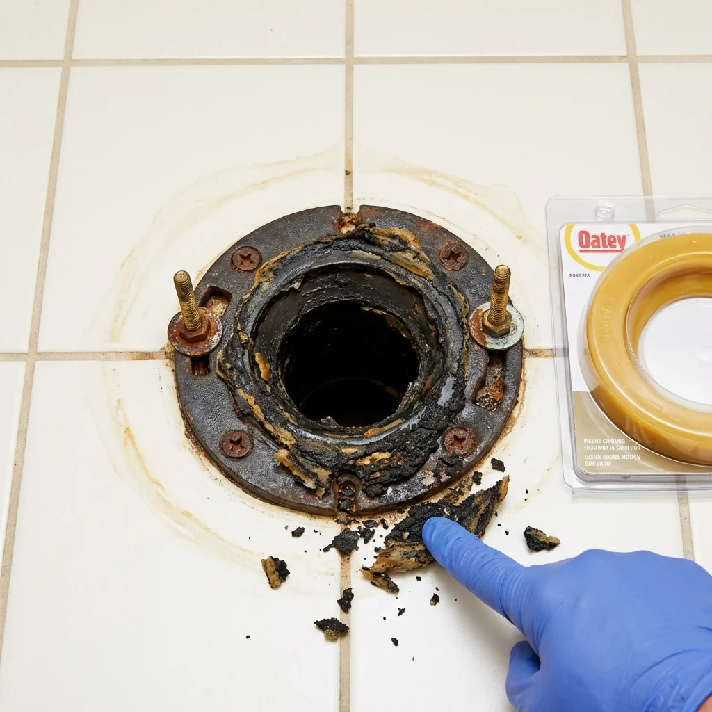 Failed wax ring showing water seepage at the base of a toilet in a Painted Post, NY home