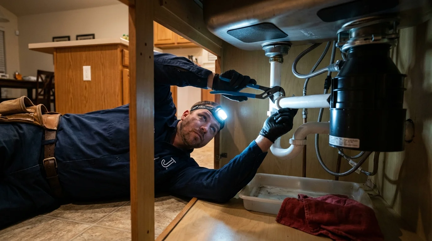 P-trap and supply line connections under a kitchen sink showing a common leak point in Painted Post, NY